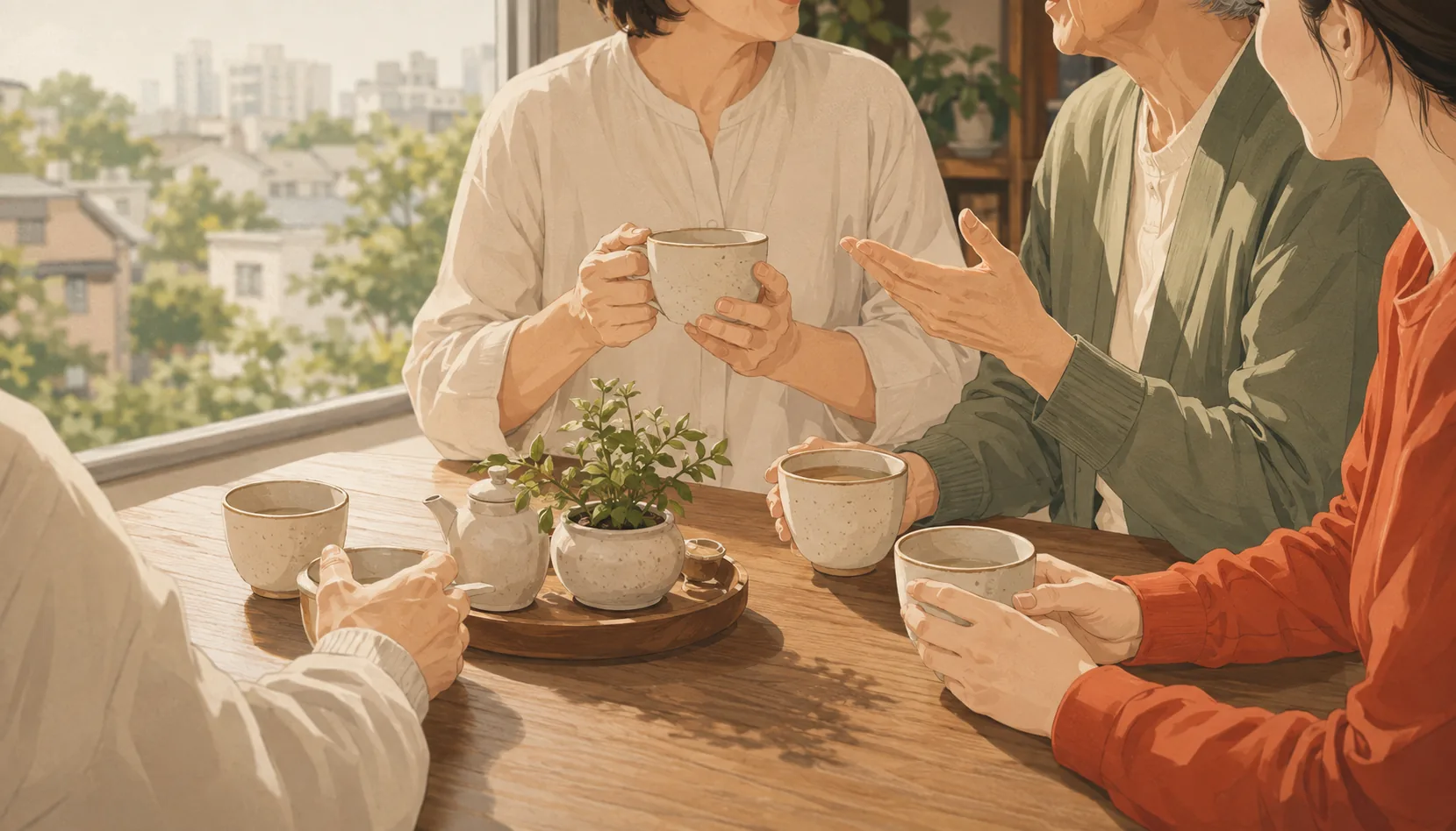 여러 세대 주민이 찻잔을 나누며 어울리는 이미지